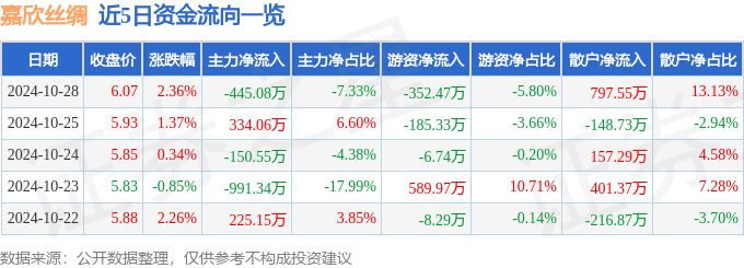 股票行情快报：嘉欣丝绸（002404）10月28日主力资金净卖出44508万元(图1)