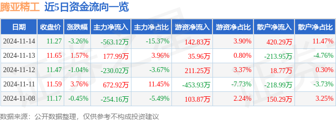 股票行情快报：腾亚精工（301125）11月14日主力资金净卖出56312万元(图1)