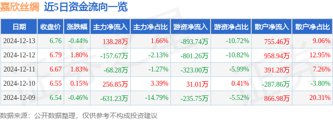 股票行情快报：嘉欣丝绸（002404）12月13日主力资金净买入13828万元(图1)